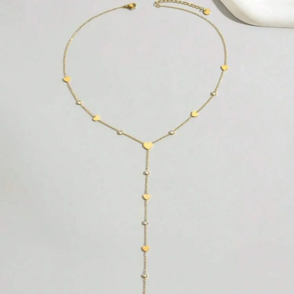Gold Plated Stainless Steel Heart Pendant Rhinestone Latiat Necklace - Picture 3 of 3